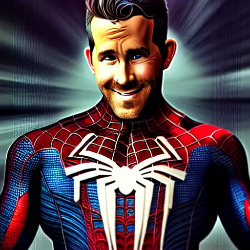 Image similar to ryan reynolds as spider - man, wearing a black and blue suit, cinematic, volumetric lighting, f 8 aperture, cinematic eastman 5 3 8 4 film, photorealistic by greg rutkowski, by stanley artgerm, by alphonse mucha