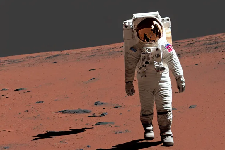 Image similar to female astronaut taking the first steps on mars, landed spaceship in background