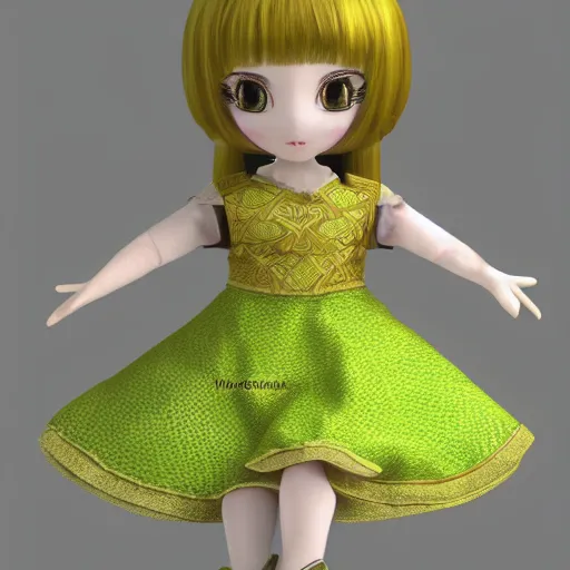 Image similar to cute fumo plush of a girl in a green and gold celtic pattern dress, traditional, vray