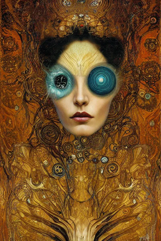 Prompt: Metamorphosis by Karol Bak, Jean Deville, Gustav Klimt, and Vincent Van Gogh, transformation portrait, visionary, otherworldly, fractal structures, ornate gilded medieval icon, third eye, dynamic, spirals