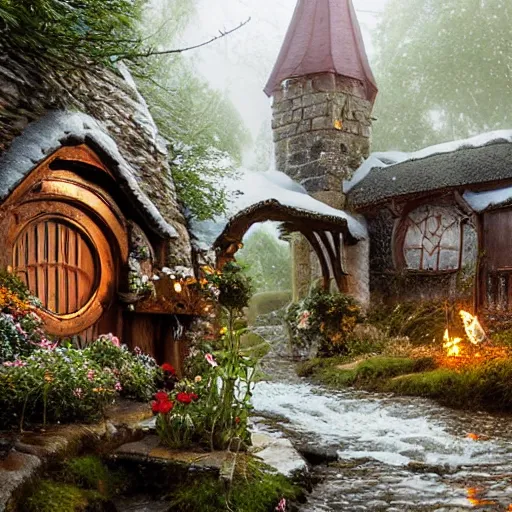 Prompt: hobbit in medieval hobbit house, ornate, beautiful, atmosphere, vibe, mist, smoke, fire, chimney, rain, wet, pristine, puddles, melting, dripping, snow, creek, lush, ice, bridge, forest, roses, flowers, by stanley artgerm lau, greg rutkowski, thomas kindkade, alphonse mucha, loish, norman rockwell