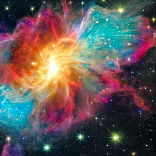 Image similar to a vivid space nebula, flowting in international space, forming starts, supernova explosions