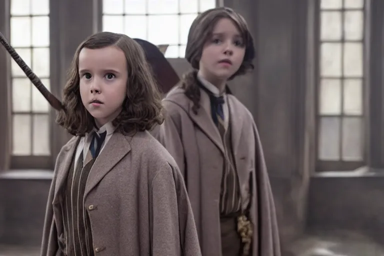 Prompt: film still Millie Bobby Brown as Hermione Granger wearing hogwarts uniform in Harry Potter movie