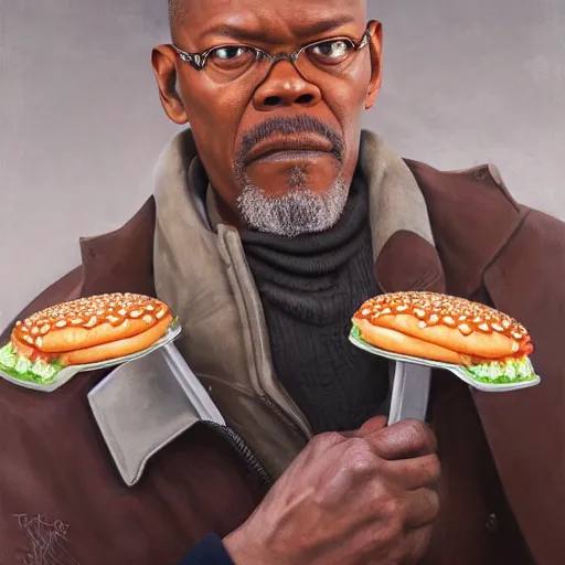 Image similar to highly detailed portrait painting of young samuel l jackson eating burger sitting on bench near moscow kremlin, balalaika, perfect symmetrical eyes, by eddie mendoza and tyler edlin, 8 k resolution