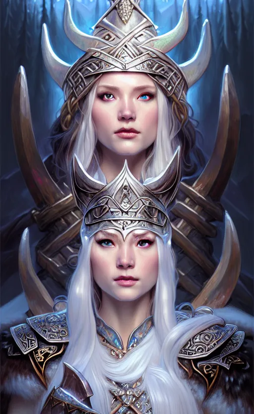 Image similar to opal viking warrior, regal, elegant, winter, snow, beautiful, stunning, hd, illustration, epic, d & d, fantasy, intricate, elegant, highly detailed, wide angle, digital painting, artstation, concept art, smooth, sharp focus, illustration, wallpaper, art by artgerm and greg rutkowski and alphonse mucha and jin xiaodi