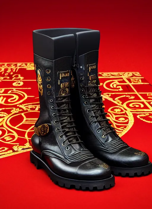 Image similar to hyperrealistic and heavy detailed product photo versace boot of judge dredd, in front of white back drop, whole shoe is in picture, leica sl 2 5 0 mm, vivid color, high quality, high textured, real life