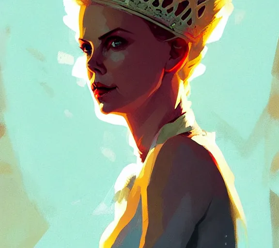 Prompt: portrait of portrait, charlize theron as a queen, fantasy, by atey ghailan, by greg rutkowski, by greg tocchini, by james gilleard, by joe fenton, by kaethe butcher, by ashley wood, dynamic lighting, gradient light blue, brown, blonde cream and white color scheme, grunge aesthetic