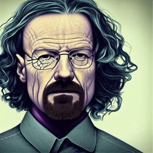 Prompt: walter white with long purple curly hair, dye
