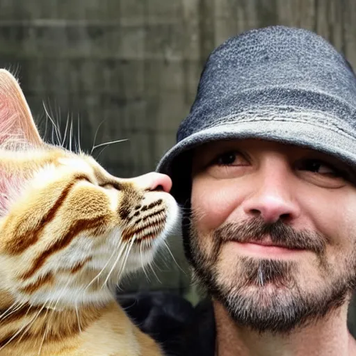 Image similar to a man wearing a cat as a hat