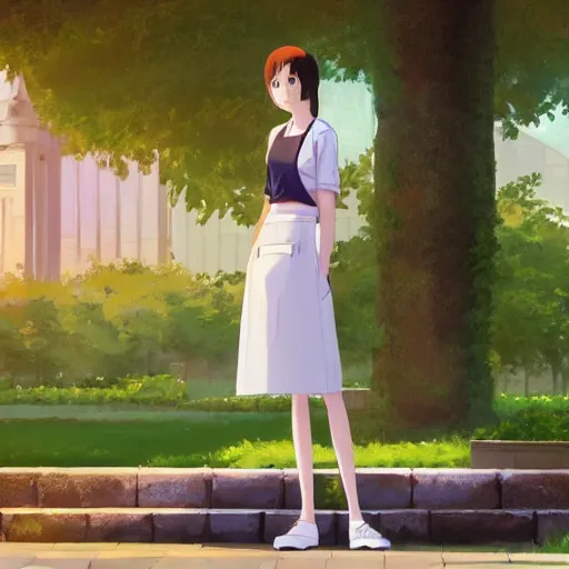 Prompt: a full body portrait of a young woman wearing a white apron standing in front of a fountain in a park, makoto shinkai, james gilleard, very detailed, matte, gaussian blur, tone mapped William-Adolphe, trending on artstation