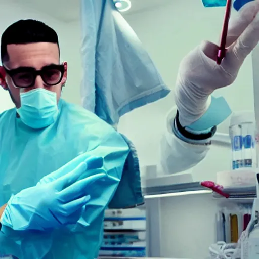 Prompt: bad bunny as a surgeon performing a tik tok