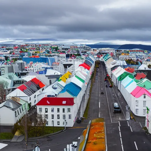 Image similar to standing at the top of hallgrimskirkja, looking out over reykjavik, colorful rooftops and city roads below, mountains in the distance