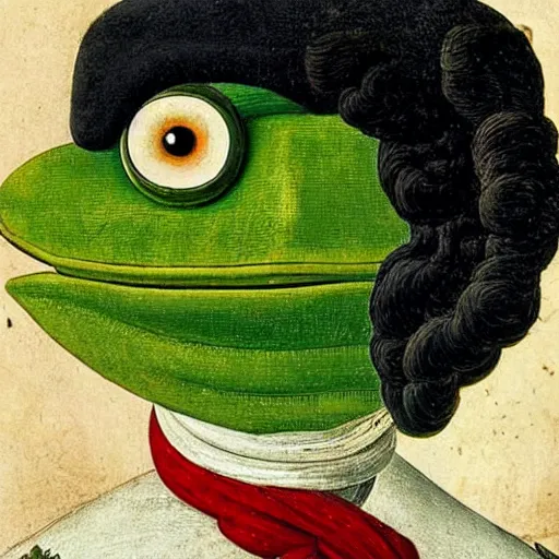 Image similar to pepe the frog as 1 8 th century prussian soldier, elegant portrait by sandro botticelli, detailed, symmetrical, intricate