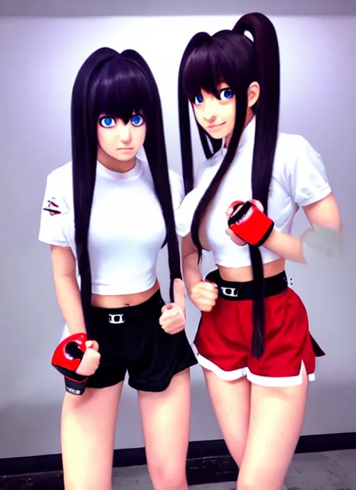 Image similar to two beautiful female fighters with twintails taunting each other, high waist shorts, white top, dim lighting, gorgeous features, smooth, detailed anime art