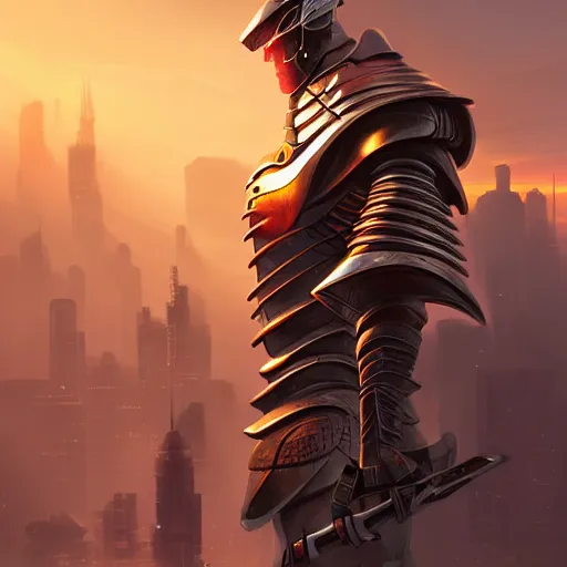 Prompt: samurai cyborg, armor designed by jony ive in cybercity, golden hour, poster by michael whelan and gilbert williams and evgeny lushpin and artgerm and alena aenami, 3 0 mm, well proportioned, highly detailed, rule of thirds, long exposure