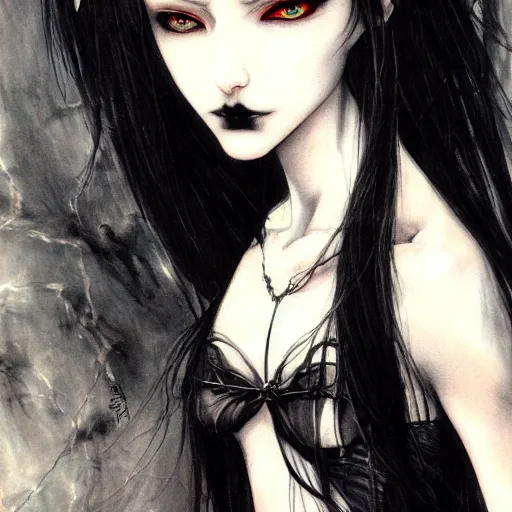 Prompt: a portrait of a character, black hair, dark eyes, dark, gothic, by Ayami Kojima, trending on pixv