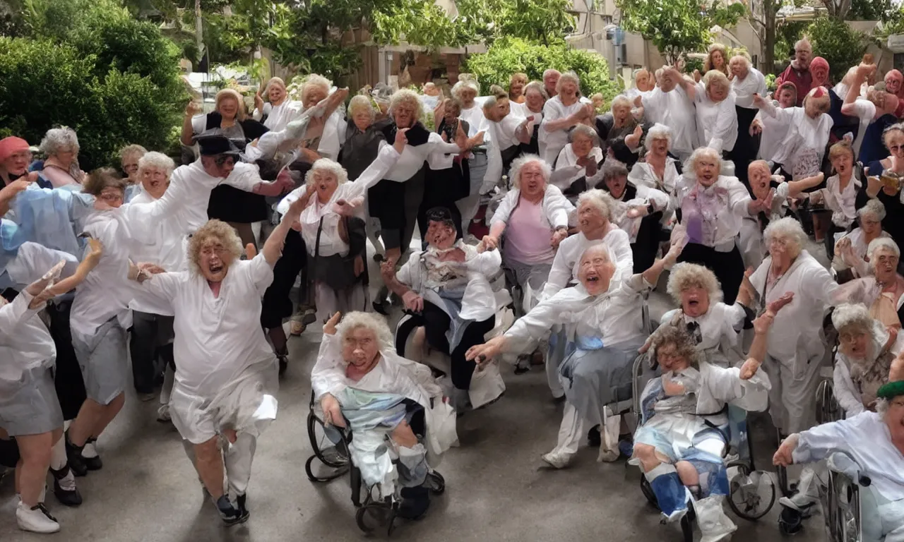 Prompt: truffle shuffle flash mob in a nursing home