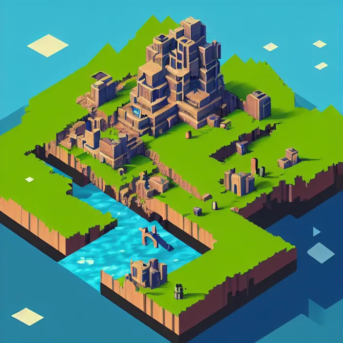 Image similar to isometric view of a building above an azure lake, beautiful game art, by thomas feichtmeir ( cyangmou ), by pixel jeff, by kirokaze, by waneella, by albertov, by junkboy, by retronator, clear focus, very coherent