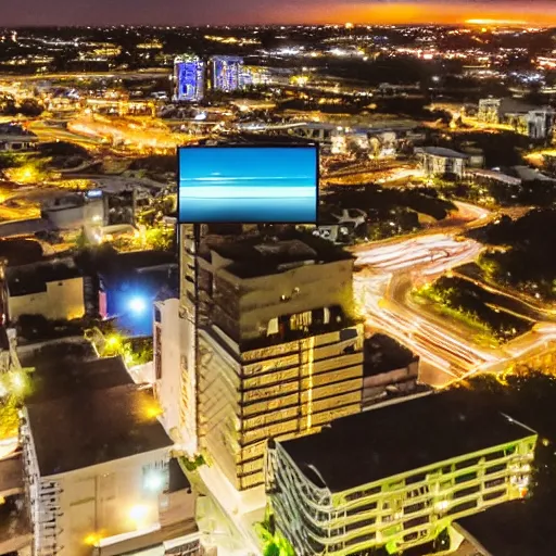 Image similar to an overview from 500 feet in the air of a small coastal Florida town at night, a still from an anime movie, clouds in the sky, downtown in the distance