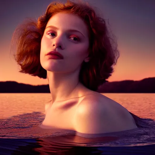 Prompt: photographic portrait of a stunningly beautiful siren renaissance female, floating on a lake, in soft dreamy light at sunset, contemporary fashion shoot, by edward robert hughes, annie leibovitz and steve mccurry, david lazar, jimmy nelsson, extremely detailed, breathtaking, hyperrealistic, perfect face, octane render