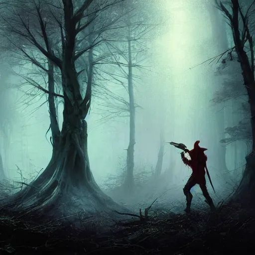 Image similar to ''cinematic shot'' dark hooded mage using his magic to create zombies in the dead forest with leaves falling simetrical 8 k atmosferic realistic made by ivan aivazovsky, peter mohrbacher, greg rutkowski volumetric light effect broad light oil painting painting fantasy art style sci - fi art style realism premium prints available artwork unreal engine