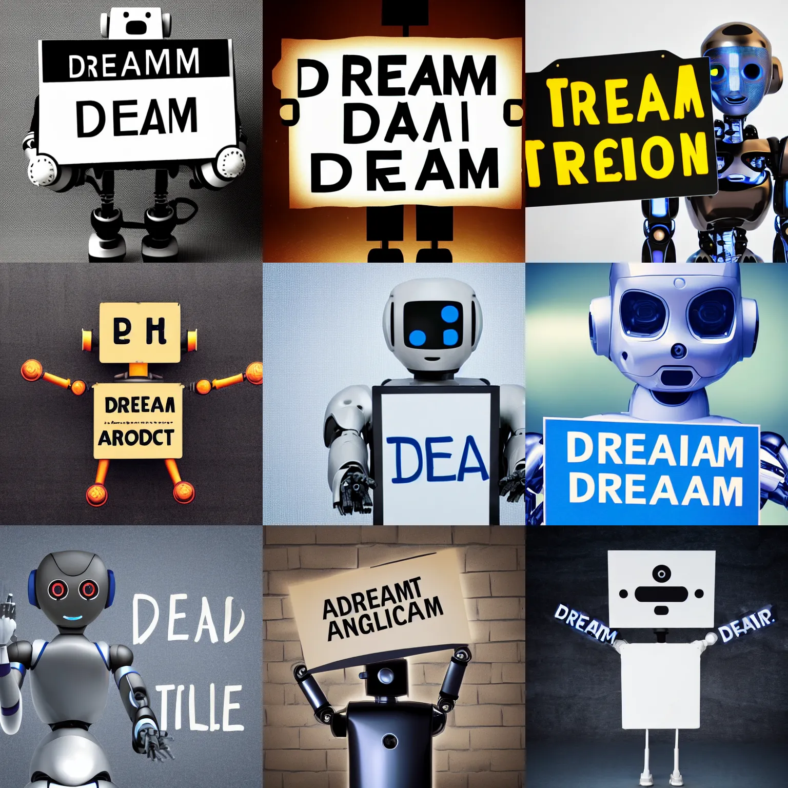 Image similar to artificial intelligence robot holding a sign with text that reads : dream