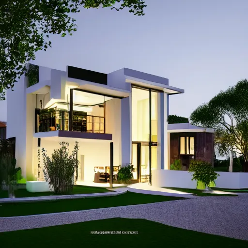 Image similar to render of a beautiful modern home designed for cozy aesthetics!, energy efficiency and maximizing plants and greenery, cg render, golden light, high resolution, professional