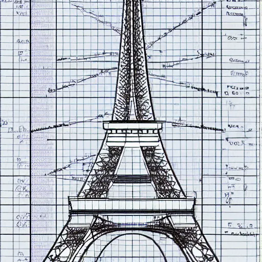 Image similar to rejected design sketches for the eiffel tower blueprint technical drawing laid out on a grid