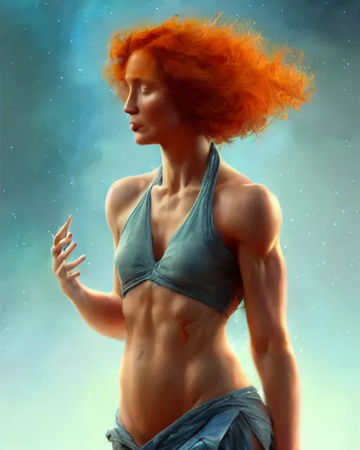 Prompt: actress wearing halter top, perfect face, flowing ginger hair, abs, cinematic, stunning, athletic, strong, agile, highly detailed, psychedelic, digital painting, artstation, smooth, hard focus, illustration, art by jessica rossier and and brian froud