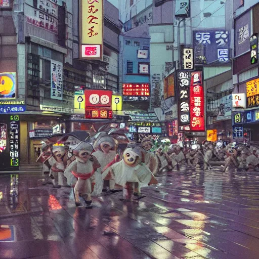 Prompt: Yokai march on a rainy night in Tokyo, realistic, 4k, high detail,