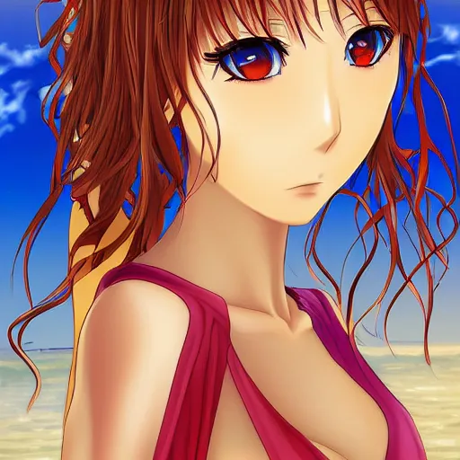 Image similar to an anime portrait of a beautiful girl in the beach, Digital art, intricate details,