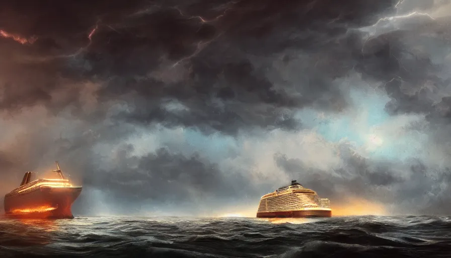 Image similar to movie poster of sinking cruise ship during thunderstorm, hyperdetailed, artstation, cgsociety, 8 k