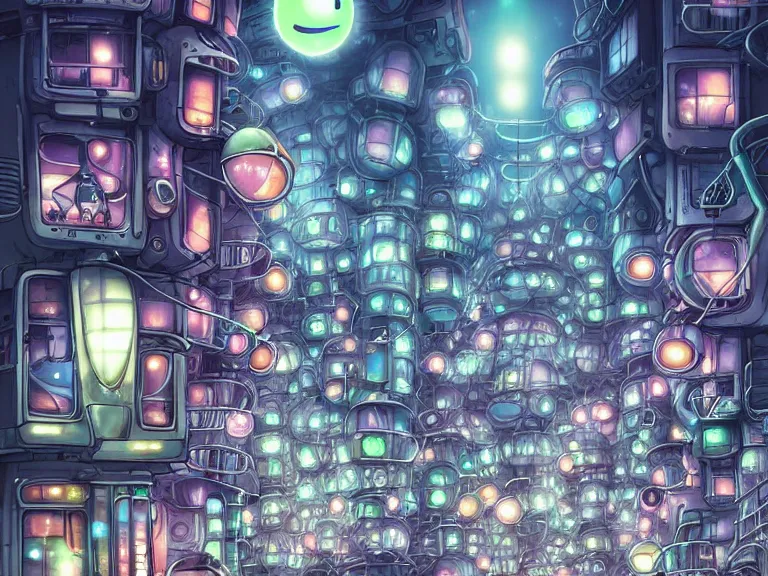 Prompt: street view of futuristic machinarium tokyo at night by cyril rolando and naomi okubo and dan mumford and ricardo bofill. cute ver.ka mecha machinarium robots.