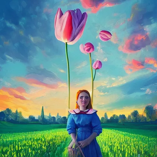 Image similar to giant tulip head dutch girl, surreal photography, flower field, sunset dramatic light, impressionist painting, colorful clouds, blue sky, digital painting, artstation, simon stalenhag