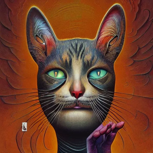 Image similar to a cat having an ego trip, by alex grey, by Esao Andrews and Karol Bak and Zdzislaw Beksinski and Zdzisław Beksiński, trending on ArtStation