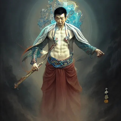 Image similar to a chinese taoist priest, like andy lau, immortal taoist bones, affable ， style of tom bagshaw, cedric peyravernay, peter mohrbacher, victo nga, 4 k hd illustrative wallpaper, animation style, chinese style