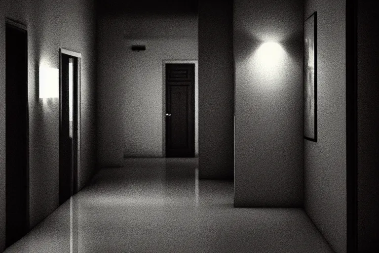 Image similar to a hallway of a suburban house at night. moonlight shines through the window at the end. a translucent shadow man walks down the hallway. digital art 4 k