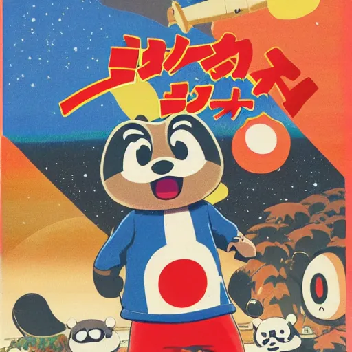 Image similar to tom nook in a japanese propaganda poster about the economic and physical state of new horizons.