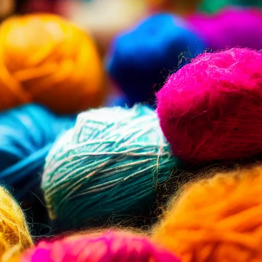 Prompt: hairy colorful balls of yarn in the shape of a chablis, 35mm, f1.4, bokeh