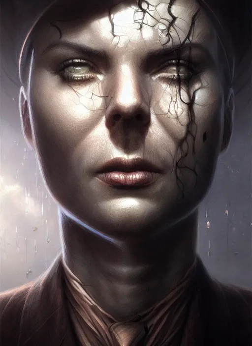 Image similar to closeup portrait shot of a noir detective in a scenic dystopian environment, intricate, elegant, highly detailed, centered, digital painting, artstation, concept art, smooth, sharp focus, illustration, artgerm, tomasz alen kopera, peter mohrbacher, donato giancola, joseph christian leyendecker, wlop, boris vallejo