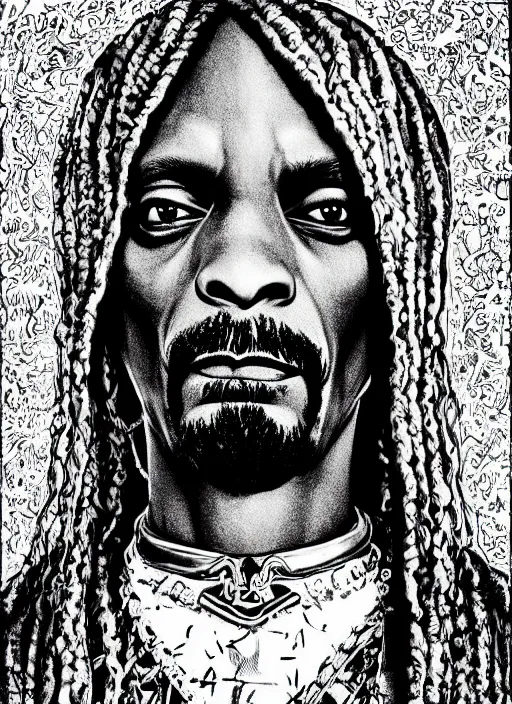 Image similar to Snoop Dogg as a knight, highly detailed, black and white, manga, art by Kentaro Miura