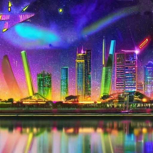 Image similar to modern city, night time, neon colours, water front apart of city, stars and comet in sky, high def, 8 k, hd, high definition building, made with spray paint,