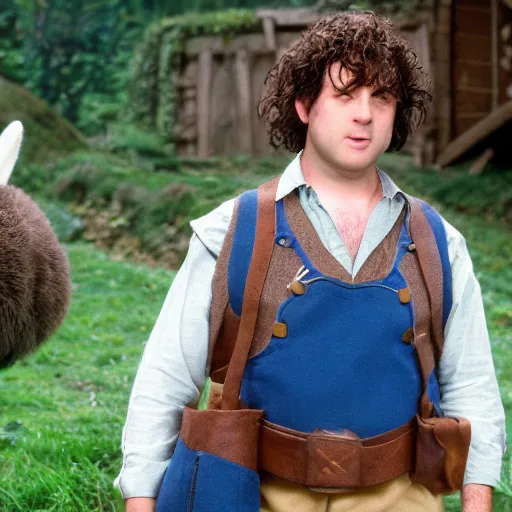 Image similar to frowning clean shaven pudgy British lad with short curly dark brown hair as a hobbit wearing a white men's crossbody sling chest bag and blue vest standing next to a giant rabbit, blue vest! white crossbody chestbag! high resolution film still, movie by Peter Jackson