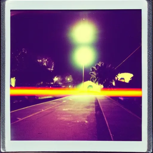 Image similar to colorful instant photograph of the middle of the street at night, polaroid, light leak, raw, nostalgic