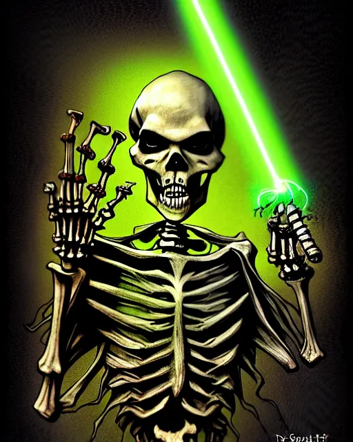 Image similar to zombie skeleton jedi knight meditating, explosive electric energy, in the style of darrell k. sweet, in the style of 1 9 8 0 s, matte, intense atmosphere, high detail, vintage horror