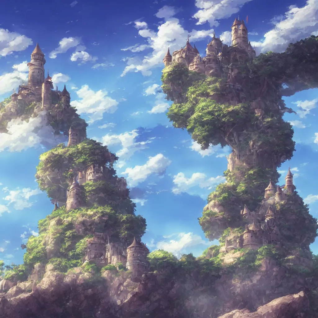 Prompt: Castle on flying island surrounded by blue sky, beautiful matte painting by Makoto Shinkai,