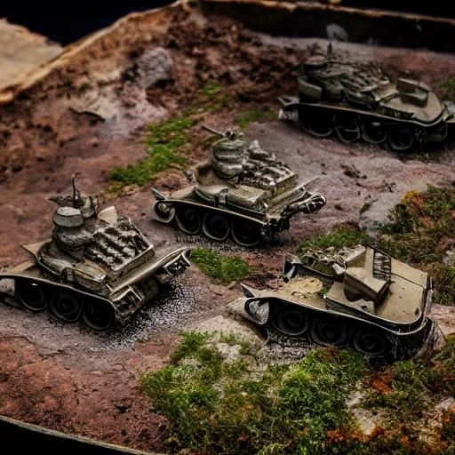 Prompt: photograph of a diorama of a battlefield, tanks and trenches, ruins, bokeh, macro photography