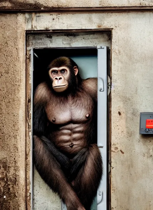 Image similar to scary hybrid human - ape, half human half ape inside fuse box in post communist apartment building