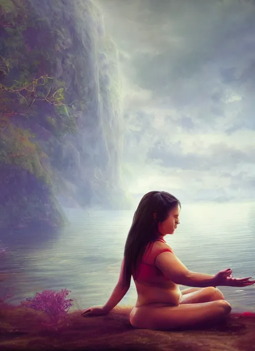 Image similar to acceptance, surrender, letting go, indigenous woman relaxing, matte painting, fantasy art