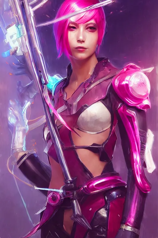 Image similar to fiora from league of legends, cyberpunk futuristic neon. fencing, long sword in her hand, decorated with traditional japanese ornaments by ismail inceoglu dragan bibin hans thoma greg rutkowski alexandros pyromallis nekro rene maritte illustrated, perfect face, fine details, realistic shaded, fine - face, pretty face, masterpiece